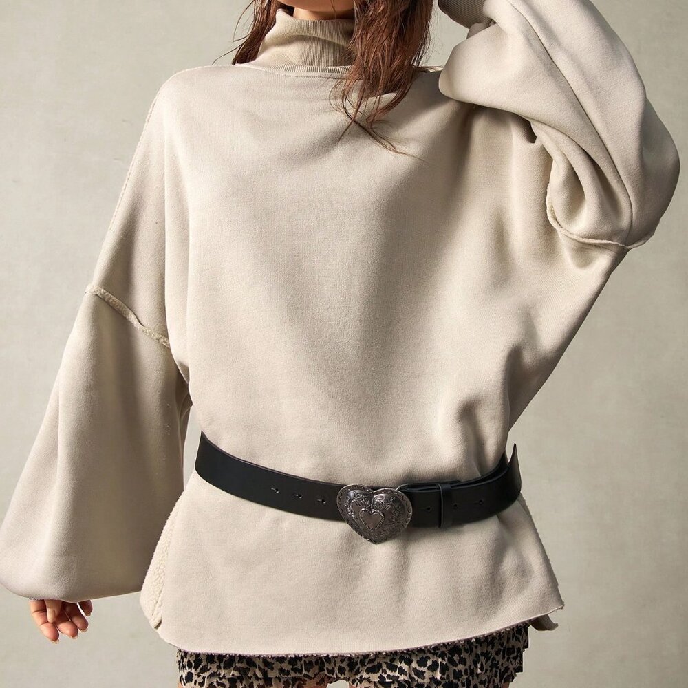 Grey Casual Women's Knitted Turtleneck Lantern Sleeve Loose Sweatshirt - Picture 7 of 7
